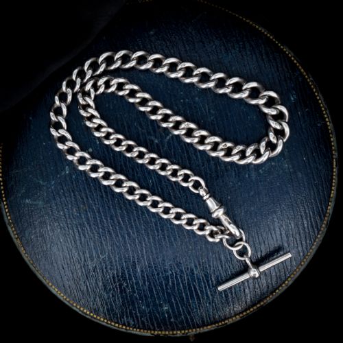 Antique Victorian Sterling Silver Curb Link Albert Watch Chain Necklace with T-bar and Dog Clip | Dated 1887