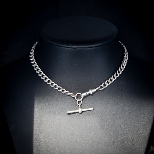 fig 1. Antique Victorian Sterling Silver Curb Link Albert Watch Chain Necklace with T-Bar and Dog Clip | Dated 1887