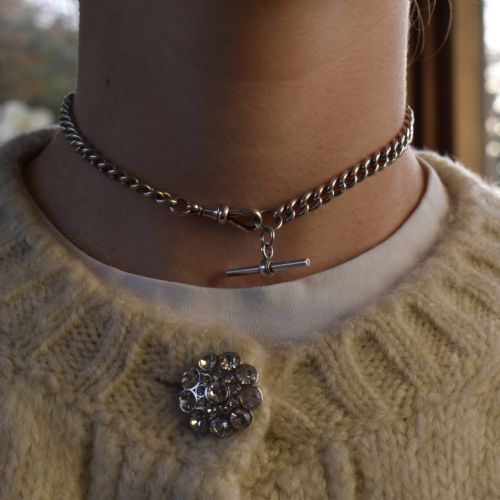 fig 2. Antique Victorian Sterling Silver Curb Link Albert Watch Chain Necklace with T-Bar and Dog Clip | Dated 1887
