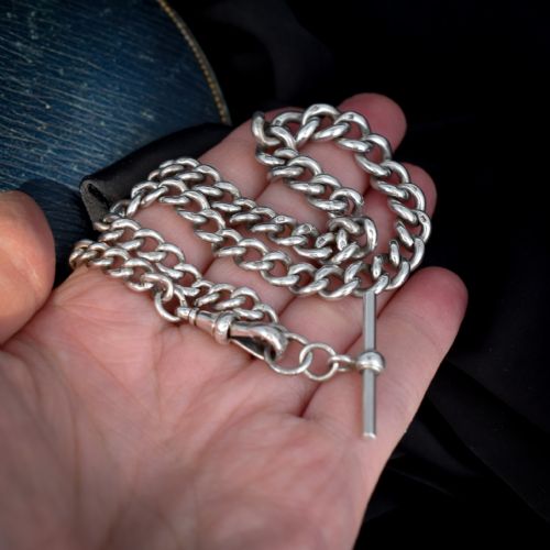 fig 3. Antique Victorian Sterling Silver Curb Link Albert Watch Chain Necklace with T-Bar and Dog Clip | Dated 1887