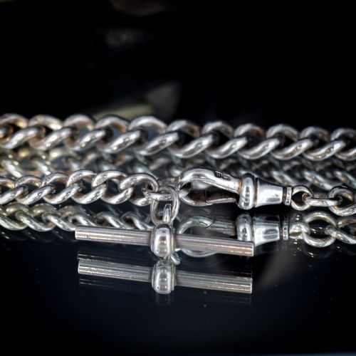 fig 4. Antique Victorian Sterling Silver Curb Link Albert Watch Chain Necklace with T-Bar and Dog Clip | Dated 1887