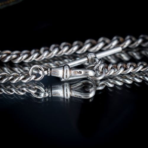 fig 5. Antique Victorian Sterling Silver Curb Link Albert Watch Chain Necklace with T-Bar and Dog Clip | Dated 1887
