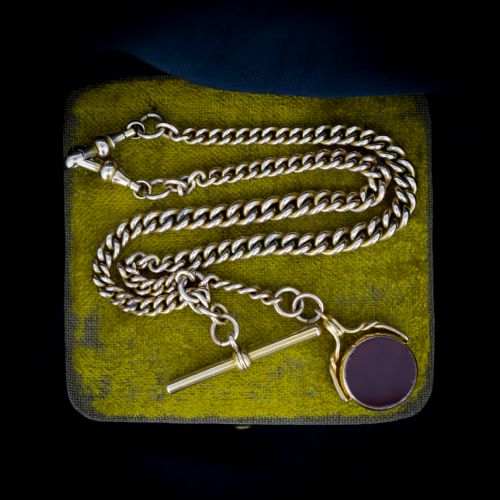 fig 1. Antique Spinning Fob Rolled Gold Curb Link Albert Chain Necklace with T-Bar and Dog Clips 15