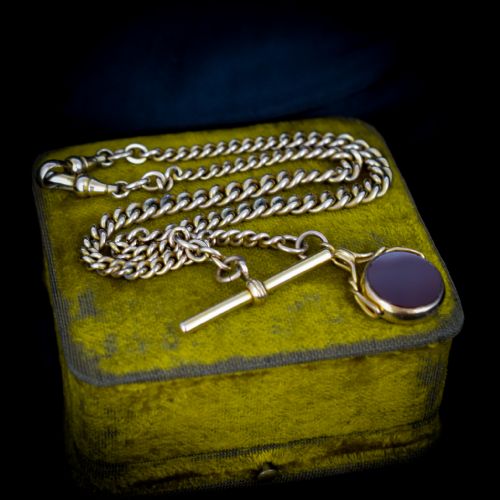 fig 2. Antique Spinning Fob Rolled Gold Curb Link Albert Chain Necklace with T-Bar and Dog Clips 15