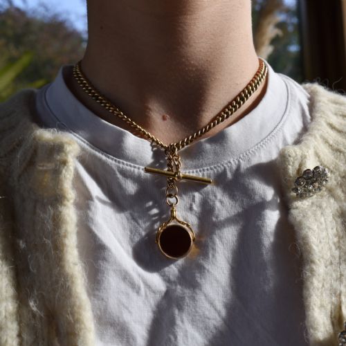 fig 3. Antique Spinning Fob Rolled Gold Curb Link Albert Chain Necklace with T-Bar and Dog Clips 15