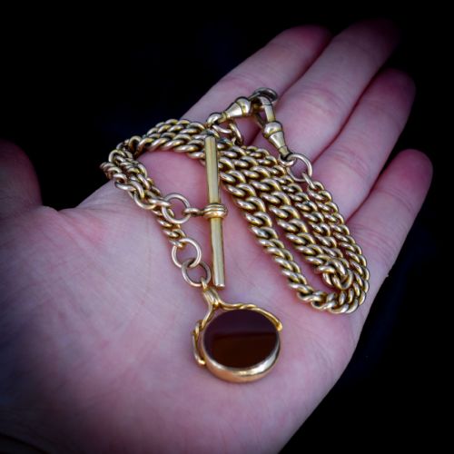 fig 4. Antique Spinning Fob Rolled Gold Curb Link Albert Chain Necklace with T-Bar and Dog Clips 15
