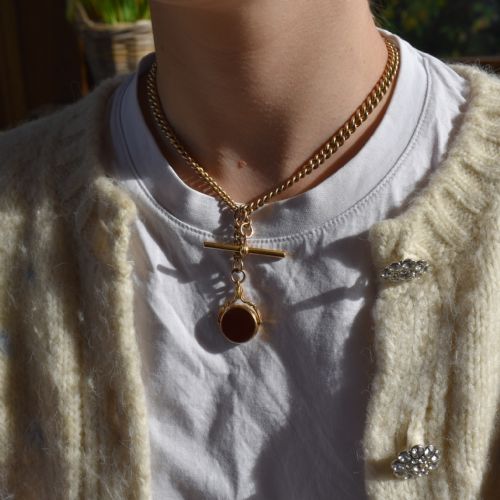 fig 5. Antique Spinning Fob Rolled Gold Curb Link Albert Chain Necklace with T-Bar and Dog Clips 15
