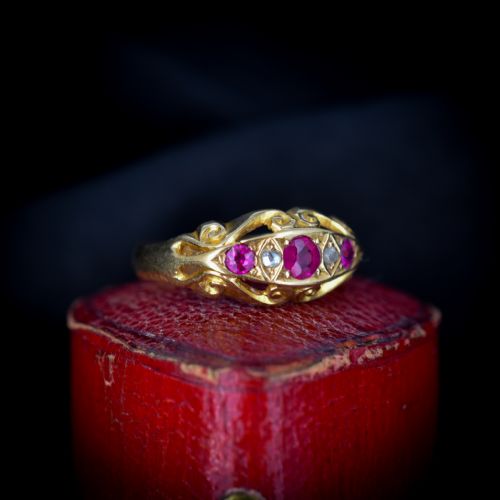 Antique Ruby and Diamond 18ct 18k Yellow Gold Scroll Boat Ring | Edwardian