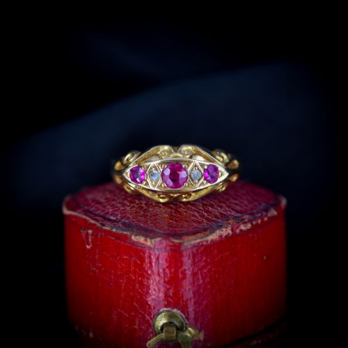 fig 2. Antique Ruby and Diamond 18ct 18K Yellow Gold Scroll Boat Ring | Edwardian