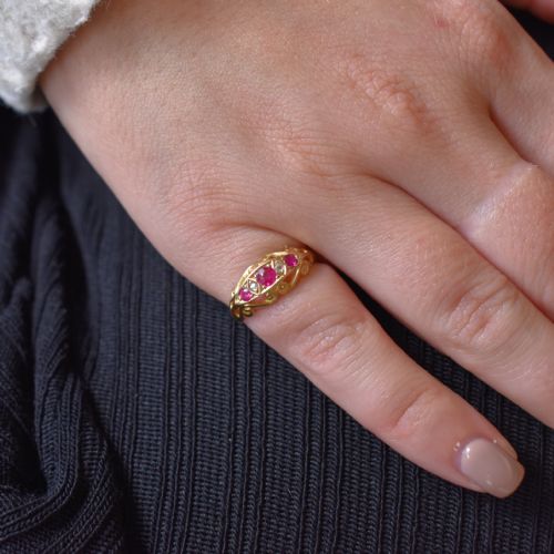 fig 5. Antique Ruby and Diamond 18ct 18K Yellow Gold Scroll Boat Ring | Edwardian