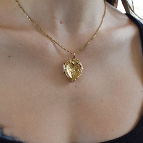 fig 1. Antique Edwardian 9ct Gold Bird and Butterfly Engraved Fancy Heart Locket Pendant