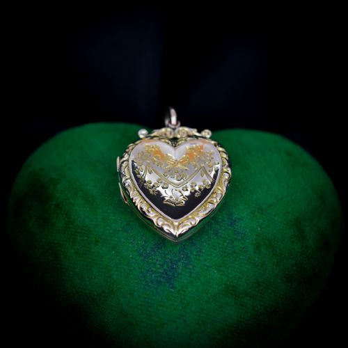 fig 2. Antique Edwardian 9ct Gold Bird and Butterfly Engraved Fancy Heart Locket Pendant