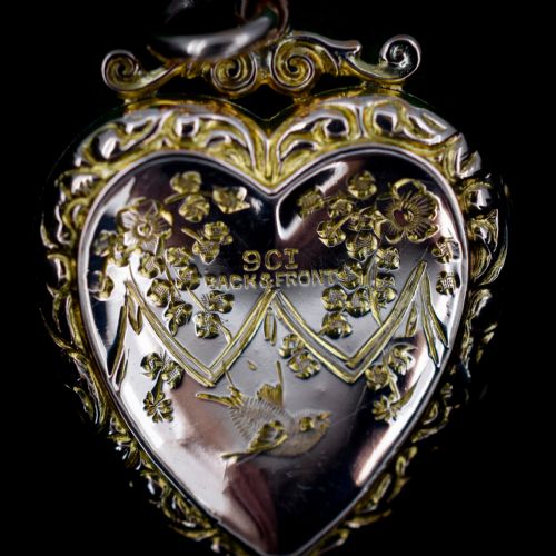 fig 4. Antique Edwardian 9ct Gold Bird and Butterfly Engraved Fancy Heart Locket Pendant
