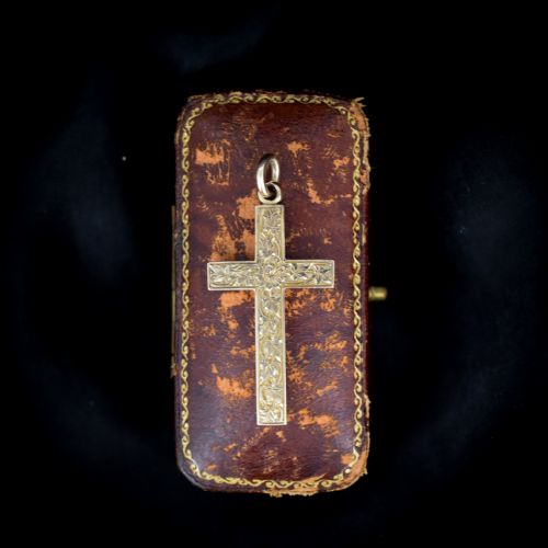 Antique 9ct 9k Yellow Gold Solid Engraved Cross Drop Pendant Charm | Victorian (7.1g)