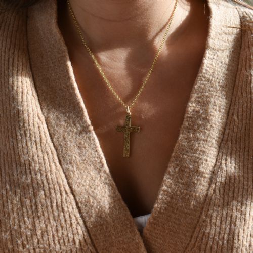 fig 1. Antique 9ct 9K Yellow Gold Solid Engraved Cross Drop Pendant Charm | Victorian (7.1g)
