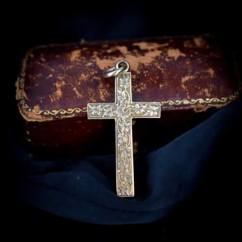 fig 2. Antique 9ct 9K Yellow Gold Solid Engraved Cross Drop Pendant Charm | Victorian (7.1g)