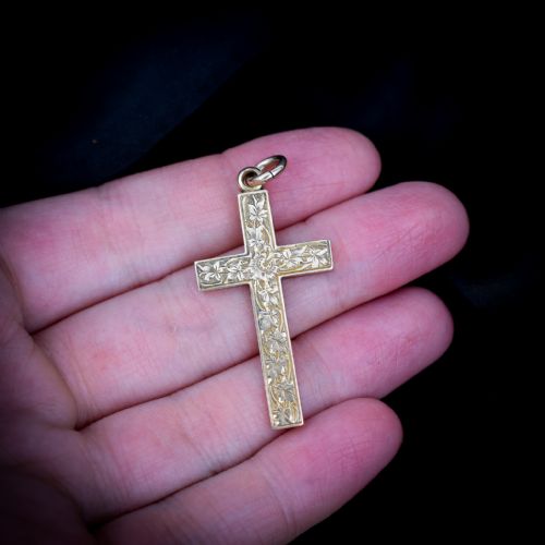 fig 4. Antique 9ct 9K Yellow Gold Solid Engraved Cross Drop Pendant Charm | Victorian (7.1g)