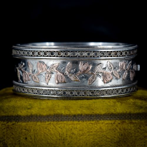 Antique Victorian Silver and Gold Aesthetic Floral Wide Cuff Bangle Bracelet