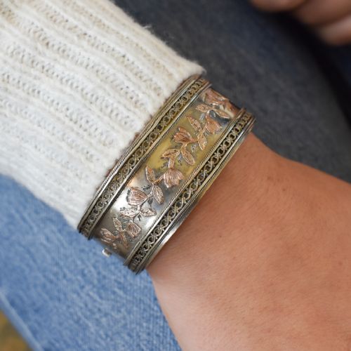 fig 1. Antique Victorian Silver and Gold Aesthetic Floral Wide Cuff Bangle Bracelet