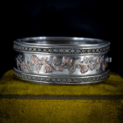 fig 2. Antique Victorian Silver and Gold Aesthetic Floral Wide Cuff Bangle Bracelet
