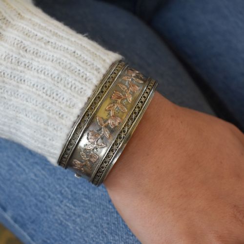 fig 3. Antique Victorian Silver and Gold Aesthetic Floral Wide Cuff Bangle Bracelet