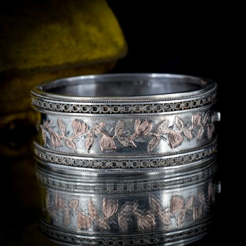 fig 4. Antique Victorian Silver and Gold Aesthetic Floral Wide Cuff Bangle Bracelet