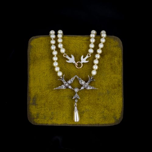 Vintage Paste Swallow Bird Pearl Silver Beaded Necklace - Art Deco