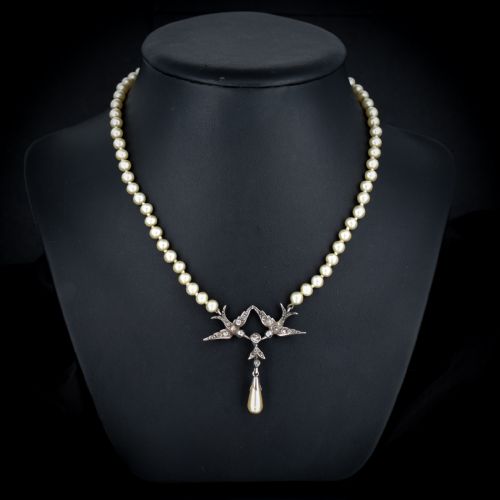 fig 1. Vintage Paste Swallow Bird Pearl Silver Beaded Necklace - Art Deco