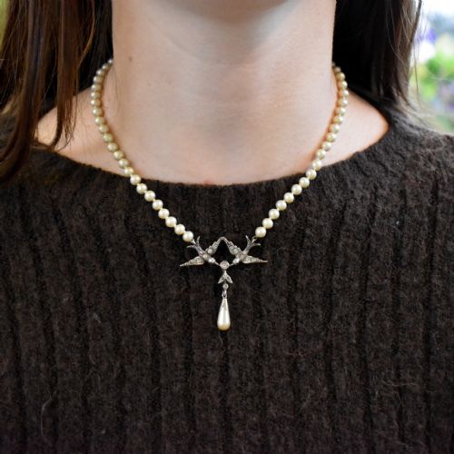 fig 2. Vintage Paste Swallow Bird Pearl Silver Beaded Necklace - Art Deco