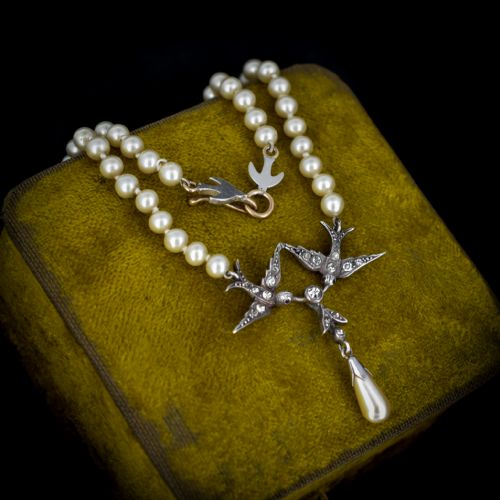 fig 3. Vintage Paste Swallow Bird Pearl Silver Beaded Necklace - Art Deco