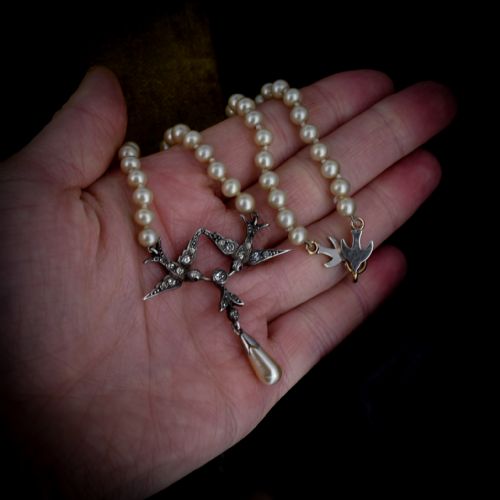 fig 4. Vintage Paste Swallow Bird Pearl Silver Beaded Necklace - Art Deco