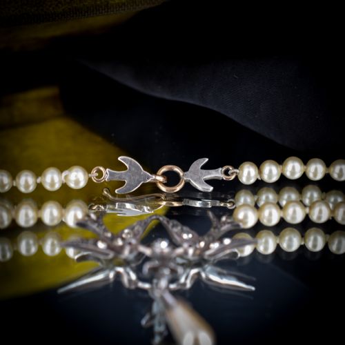 fig 5. Vintage Paste Swallow Bird Pearl Silver Beaded Necklace - Art Deco