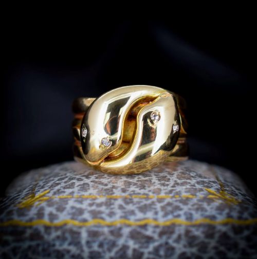 fig 4. Antique Victorian Diamond Double Snake Serpent 18ct 18K Yellow Gold Band Ring (19.1 grams)