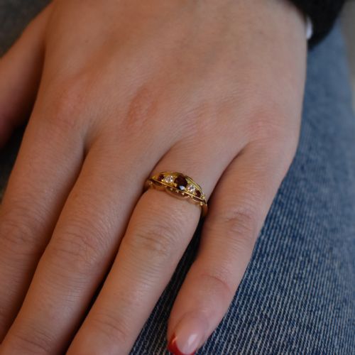 fig 1. Antique Ruby and Diamond 18ct 18K Yellow Gold Scroll Boat Ring | Chester 1907