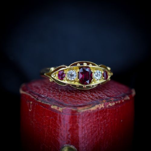 fig 2. Antique Ruby and Diamond 18ct 18K Yellow Gold Scroll Boat Ring | Chester 1907
