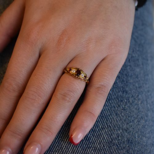 fig 3. Antique Ruby and Diamond 18ct 18K Yellow Gold Scroll Boat Ring | Chester 1907
