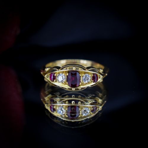 fig 4. Antique Ruby and Diamond 18ct 18K Yellow Gold Scroll Boat Ring | Chester 1907