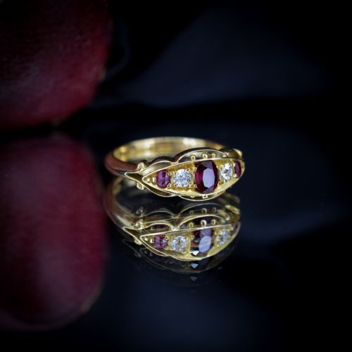 fig 5. Antique Ruby and Diamond 18ct 18K Yellow Gold Scroll Boat Ring | Chester 1907