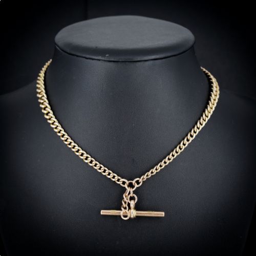 Antique 9ct Gold Graduated Curb Link Double Albert Watch Chain Necklace with Dog Clips and T-bar | 14.5" Length
