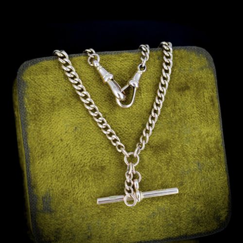 fig 2. Antique 9ct Gold Graduated Curb Link Double Albert Watch Chain Necklace with Dog Clips and T-Bar | 14.5