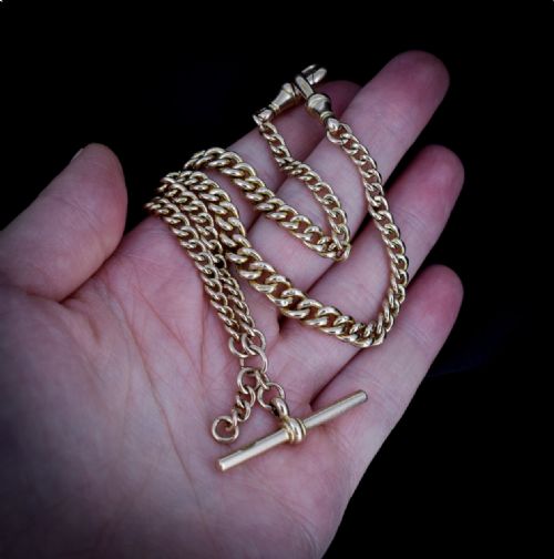 fig 4. Antique 9ct Gold Graduated Curb Link Double Albert Watch Chain Necklace with Dog Clips and T-Bar | 14.5