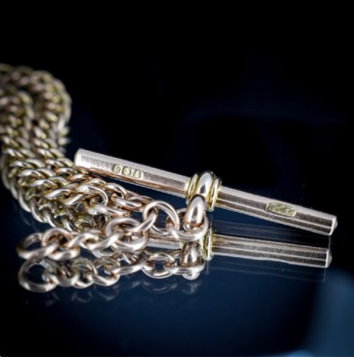 fig 5. Antique 9ct Gold Graduated Curb Link Double Albert Watch Chain Necklace with Dog Clips and T-Bar | 14.5