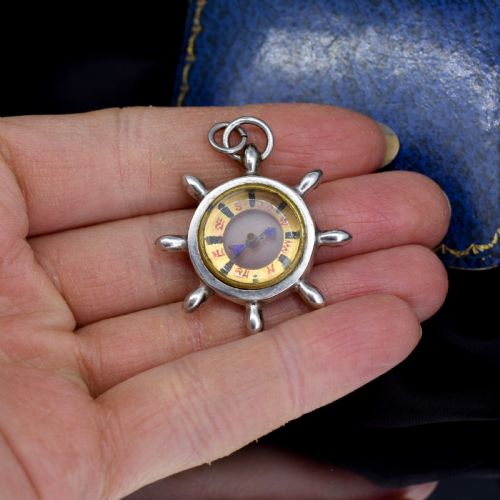fig 1. Antique Chester 1910 Sterling Silver Compass Pendant Charm