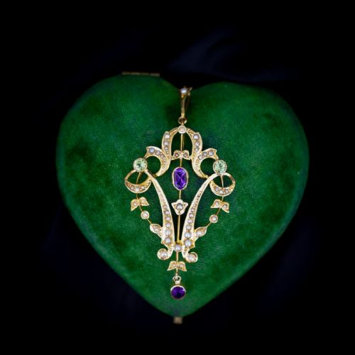 Antique Edwardian Amethyst Peridot and Pearl Lavalier 9ct 9k Yellow Gold Pendant | Suffragette