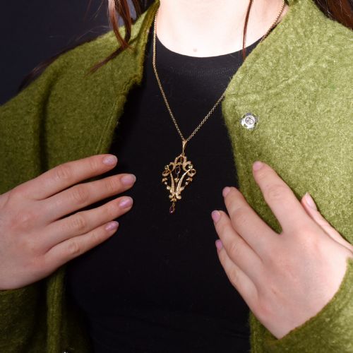 fig 1. Antique Edwardian Amethyst Peridot and Pearl Lavalier 9ct 9K Yellow Gold Pendant | Suffragette