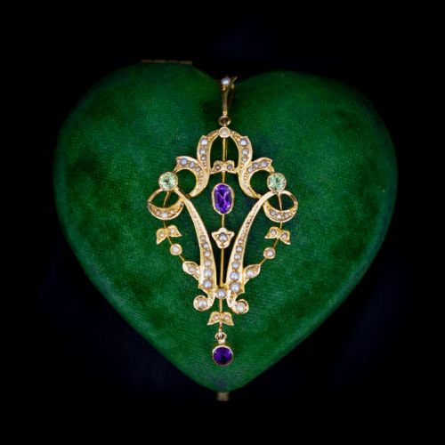 fig 2. Antique Edwardian Amethyst Peridot and Pearl Lavalier 9ct 9K Yellow Gold Pendant | Suffragette