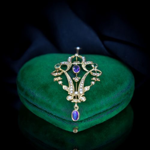 fig 4. Antique Edwardian Amethyst Peridot and Pearl Lavalier 9ct 9K Yellow Gold Pendant | Suffragette