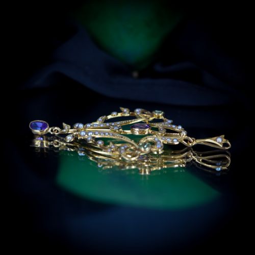 fig 5. Antique Edwardian Amethyst Peridot and Pearl Lavalier 9ct 9K Yellow Gold Pendant | Suffragette
