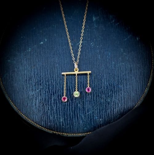 Antique Ruby and Peridot Bar Drop 9ct 9k Yellow Gold Negligee Chain Necklace