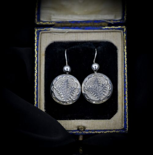 fig 1. Antique Victorian Silver Fern Leaf Aesthetic Drop Dangle Earrings